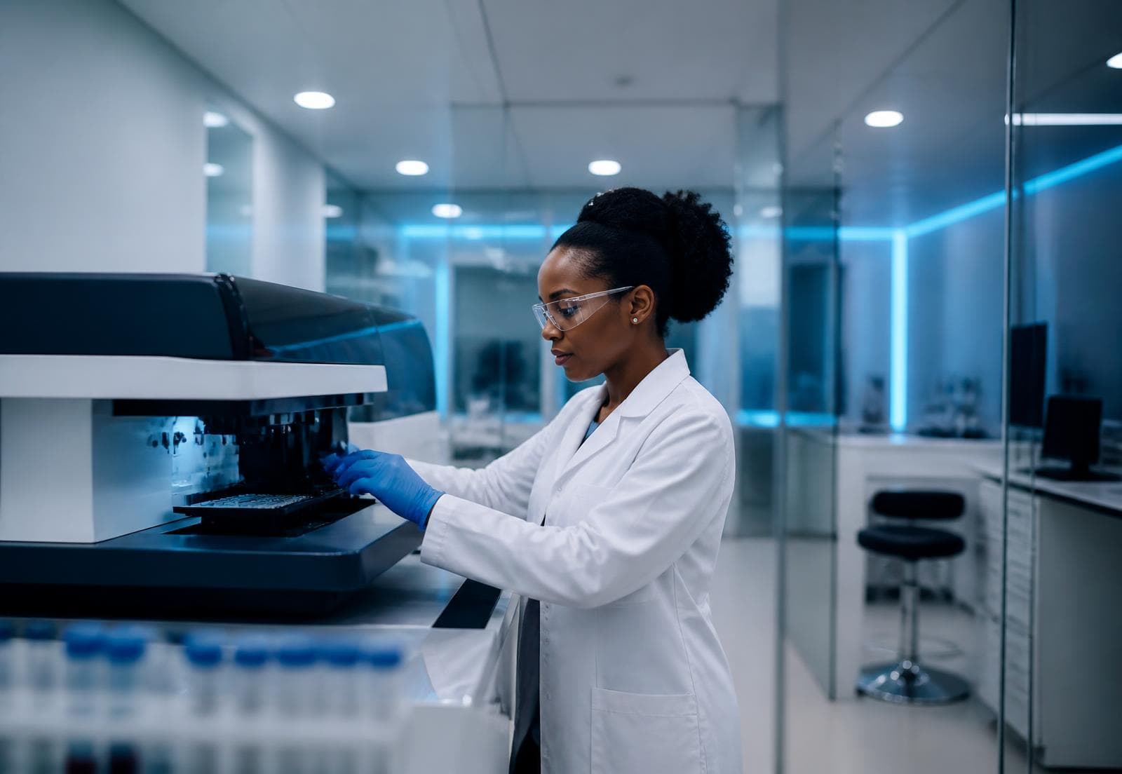Scientist at Salem Medical Laboratories operating a modern diagnostic analyser