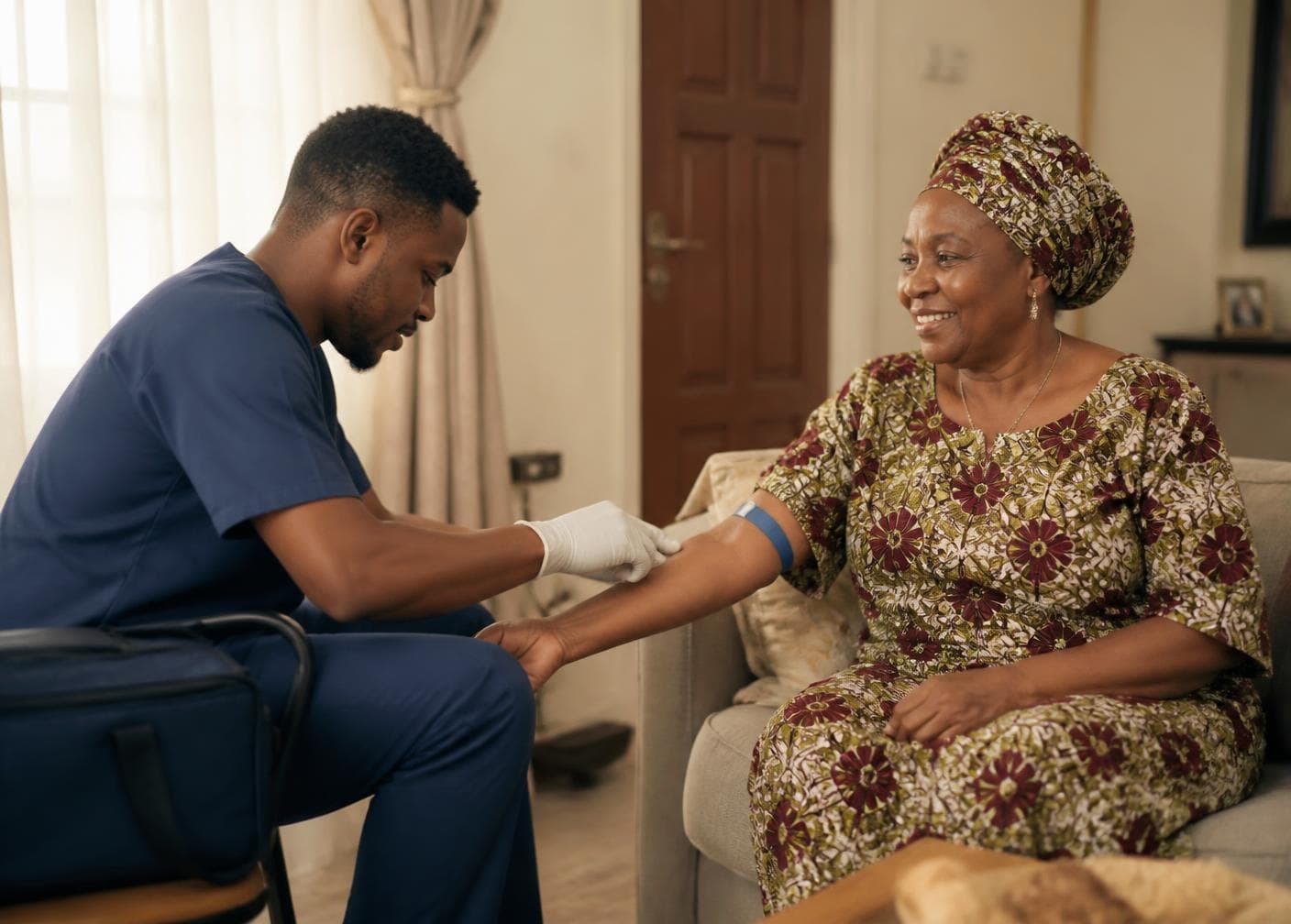 Salem phlebotomist collecting a blood sample from a patient at home