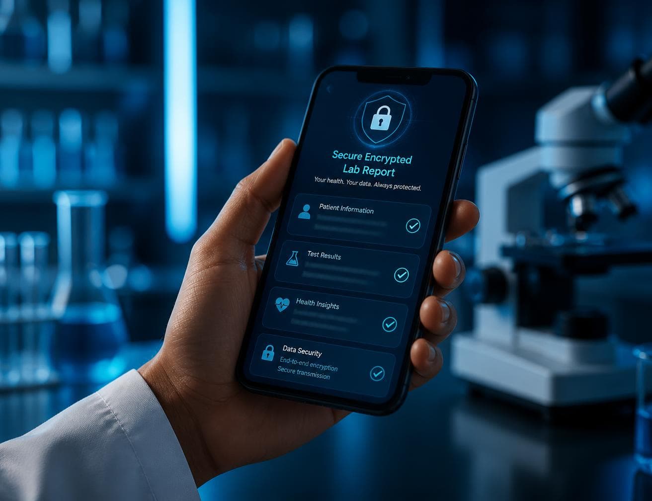 Patient viewing a secure encrypted laboratory report on a phone