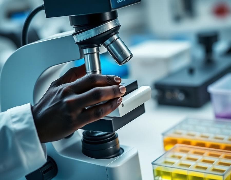 Microbiology plate review under a microscope at Salem